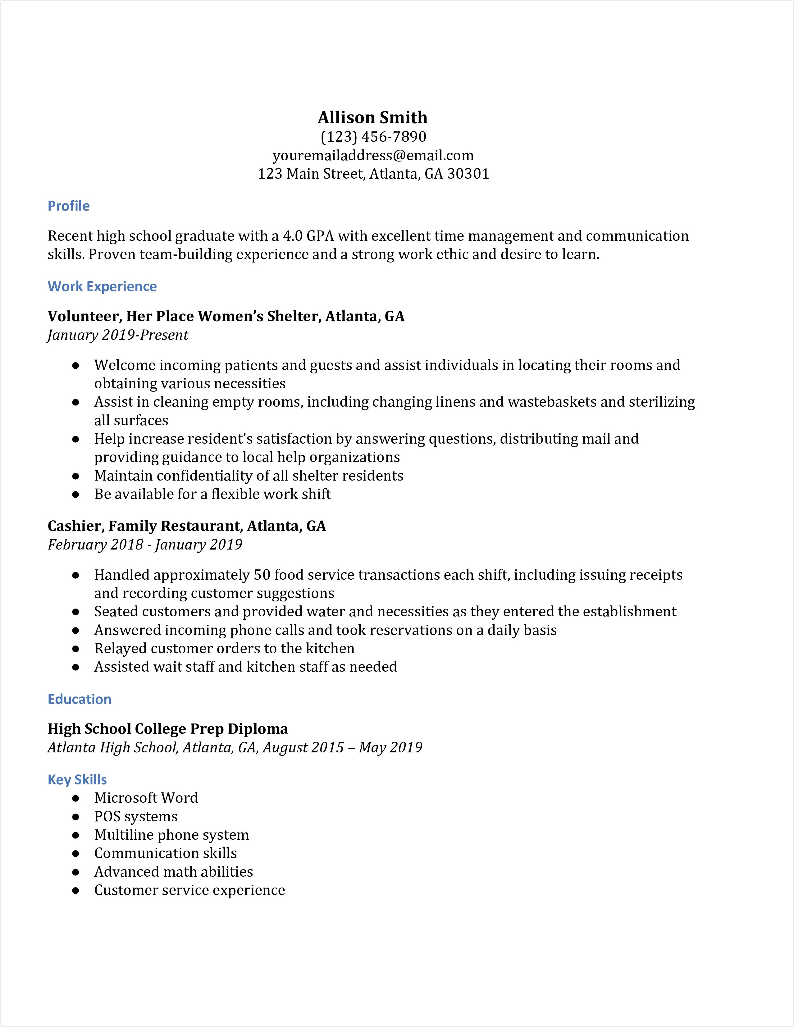 Simple High School Student Resume Examples