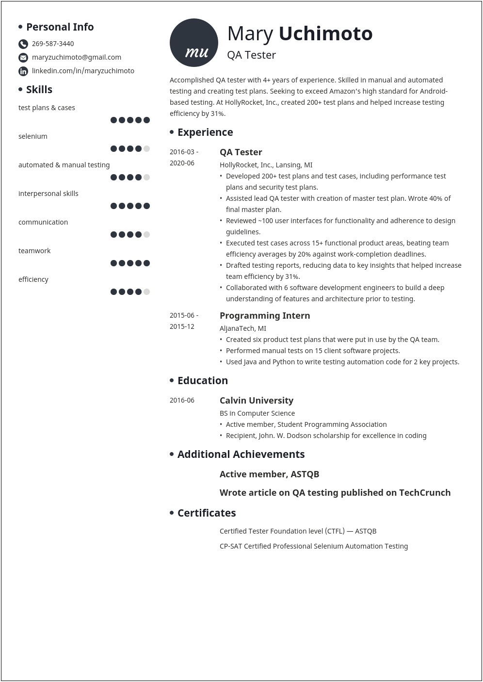 Simple Qa Resume Sample & Entry Level