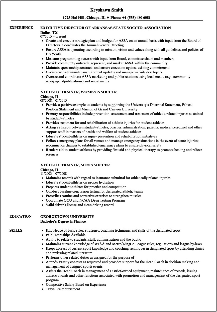 Simple Resume Examples Coaching Position Soccer