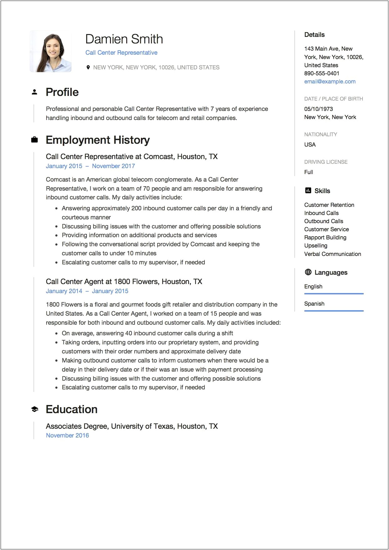 Simple Resume For Call Center Job