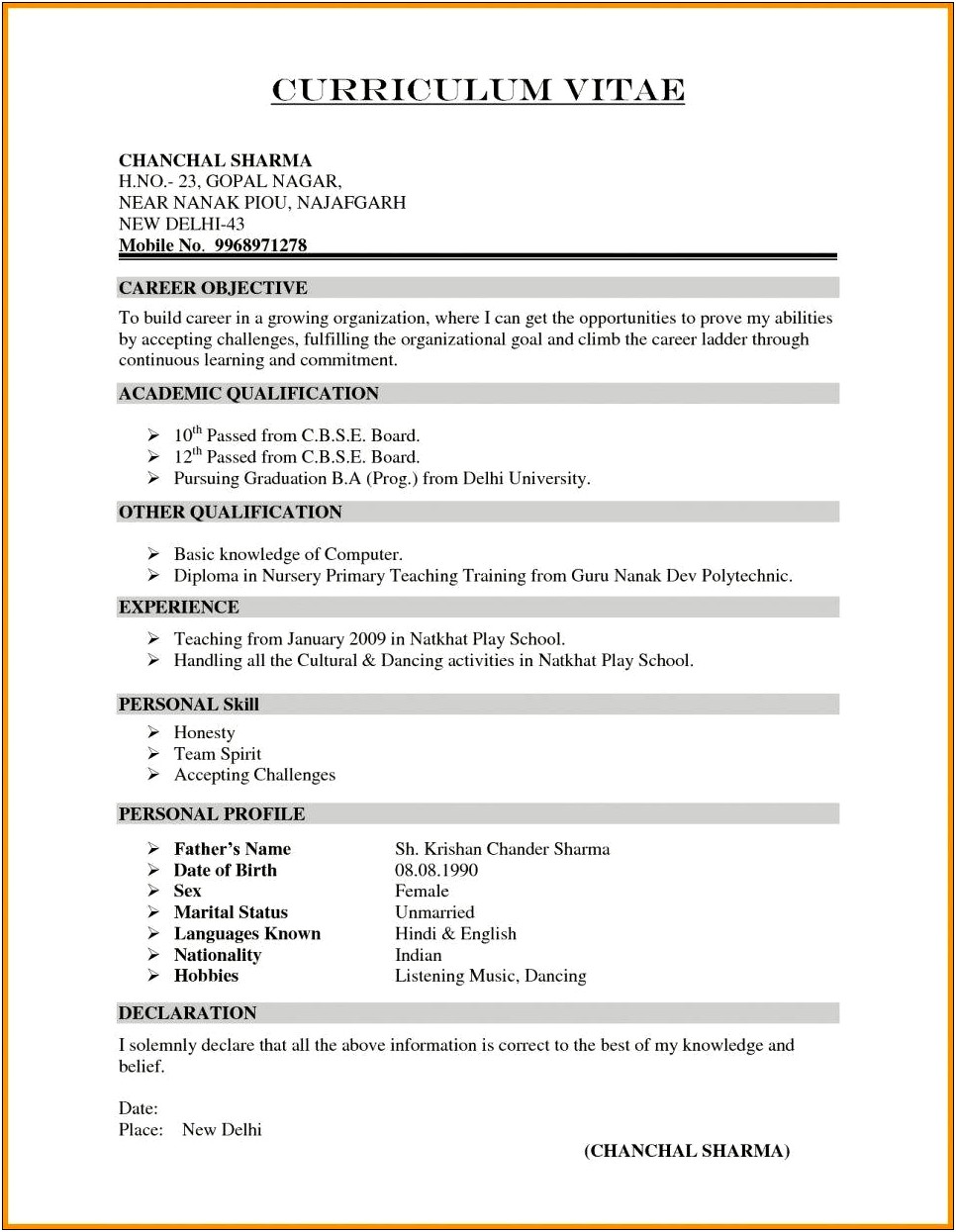 Simple Resume For Teaching Job Fresher