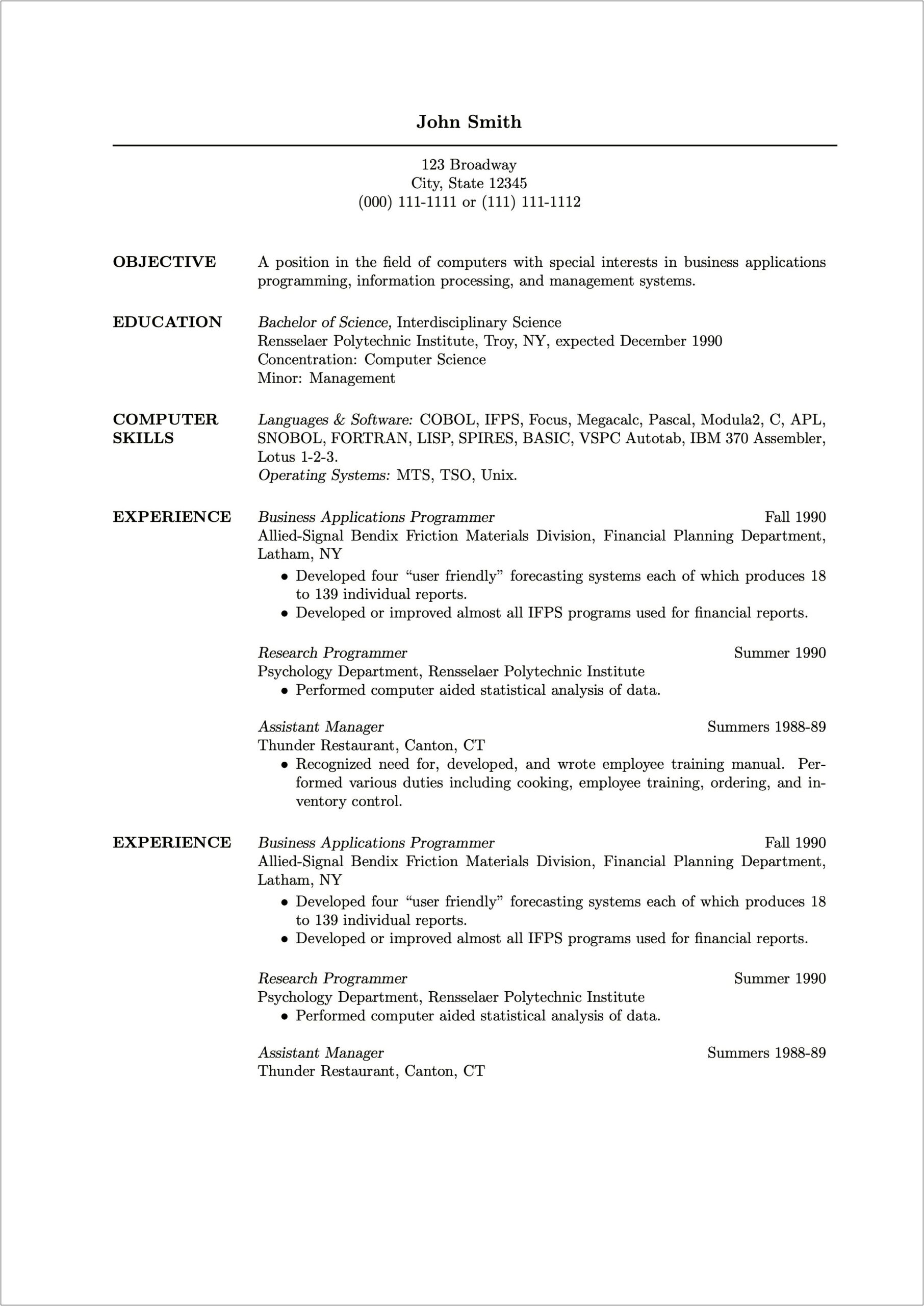 Simple Resume Sample For Fresh Graduate Without Experience