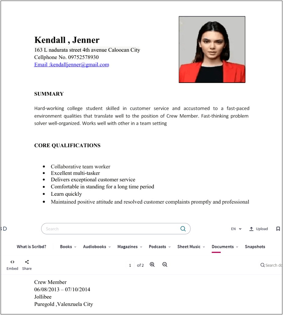 Simple Resume Sample For Service Crew