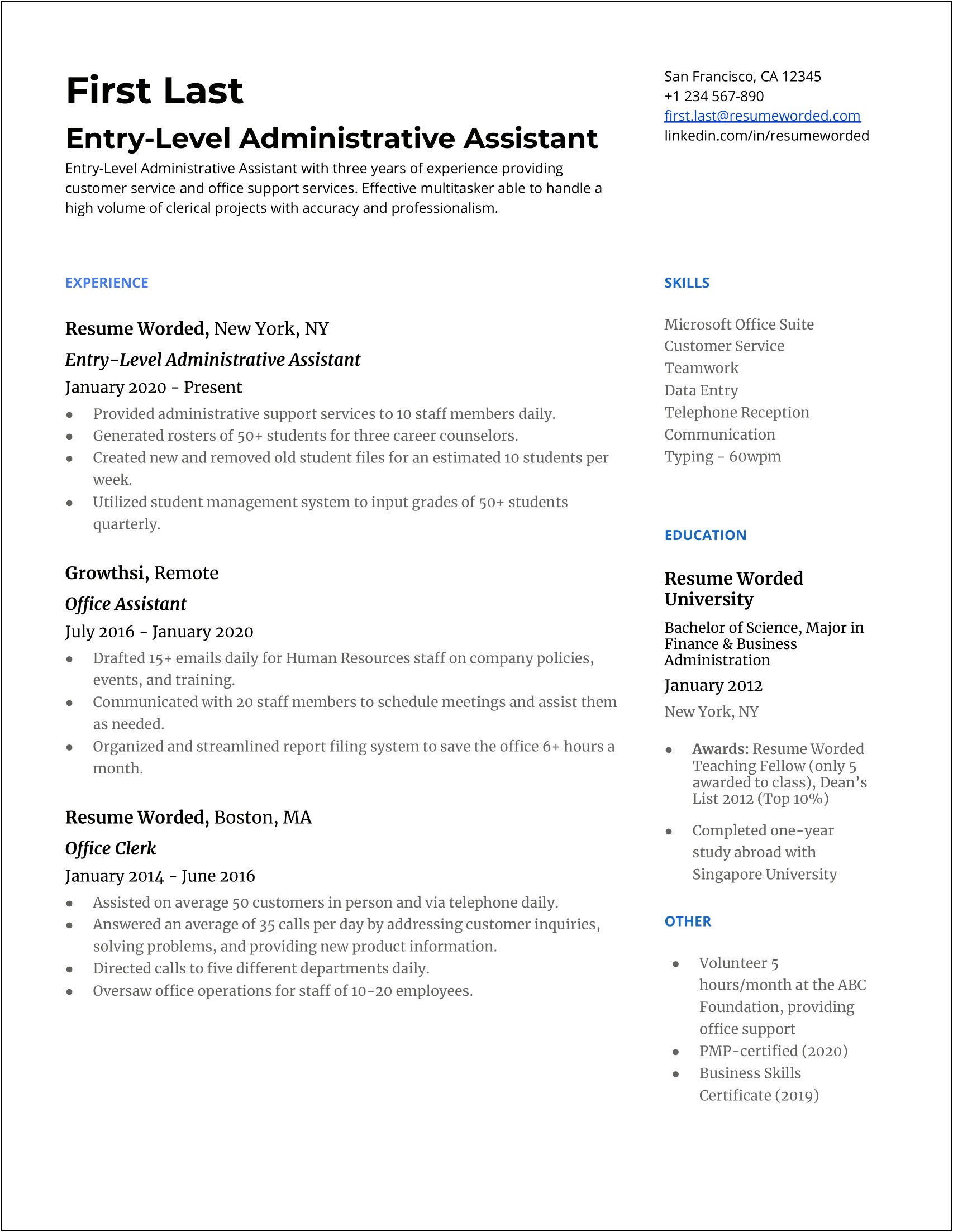 Simple Resume Template For Entry Level Job