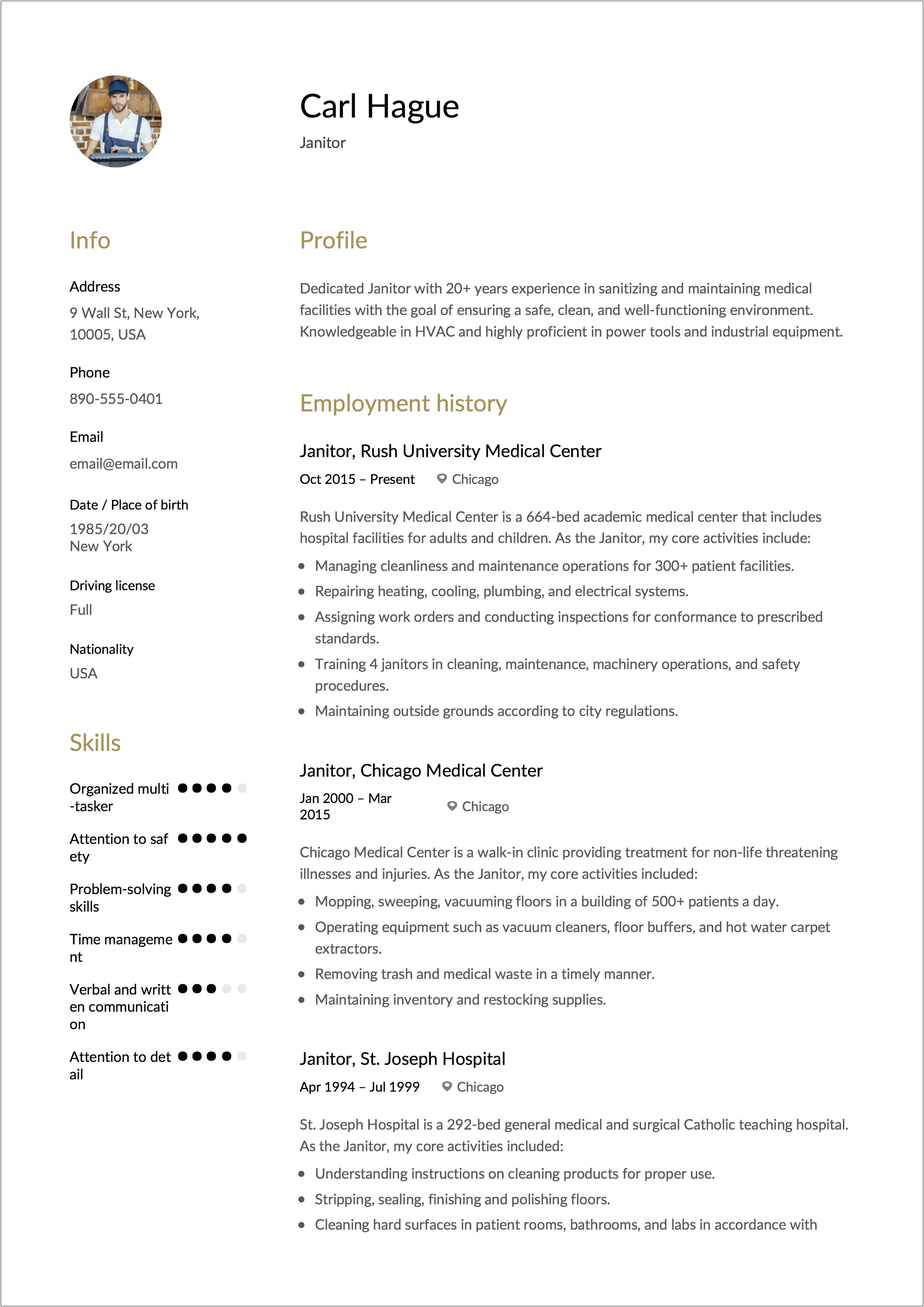 Simple Sample Church Resume For Janitor