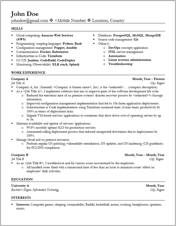 Site Reliability Engineer Resume Example Oncall