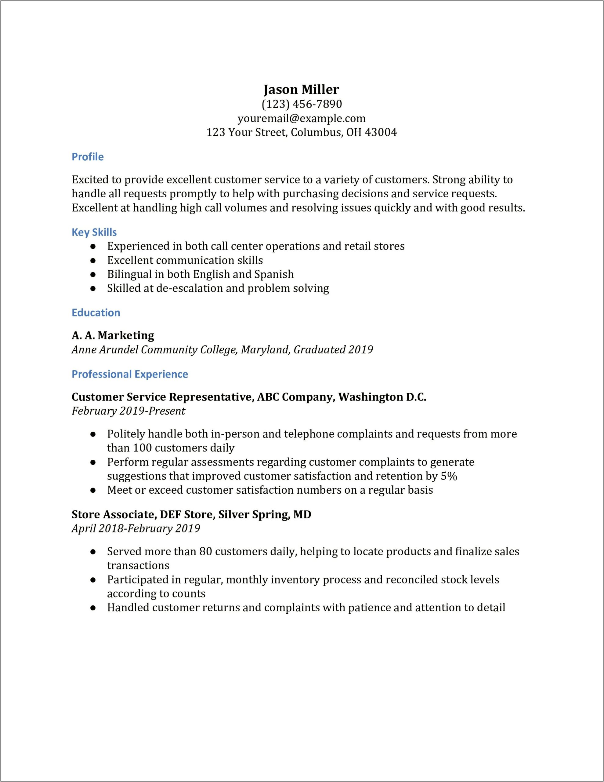 Skill Highlights For Customer Service Resume