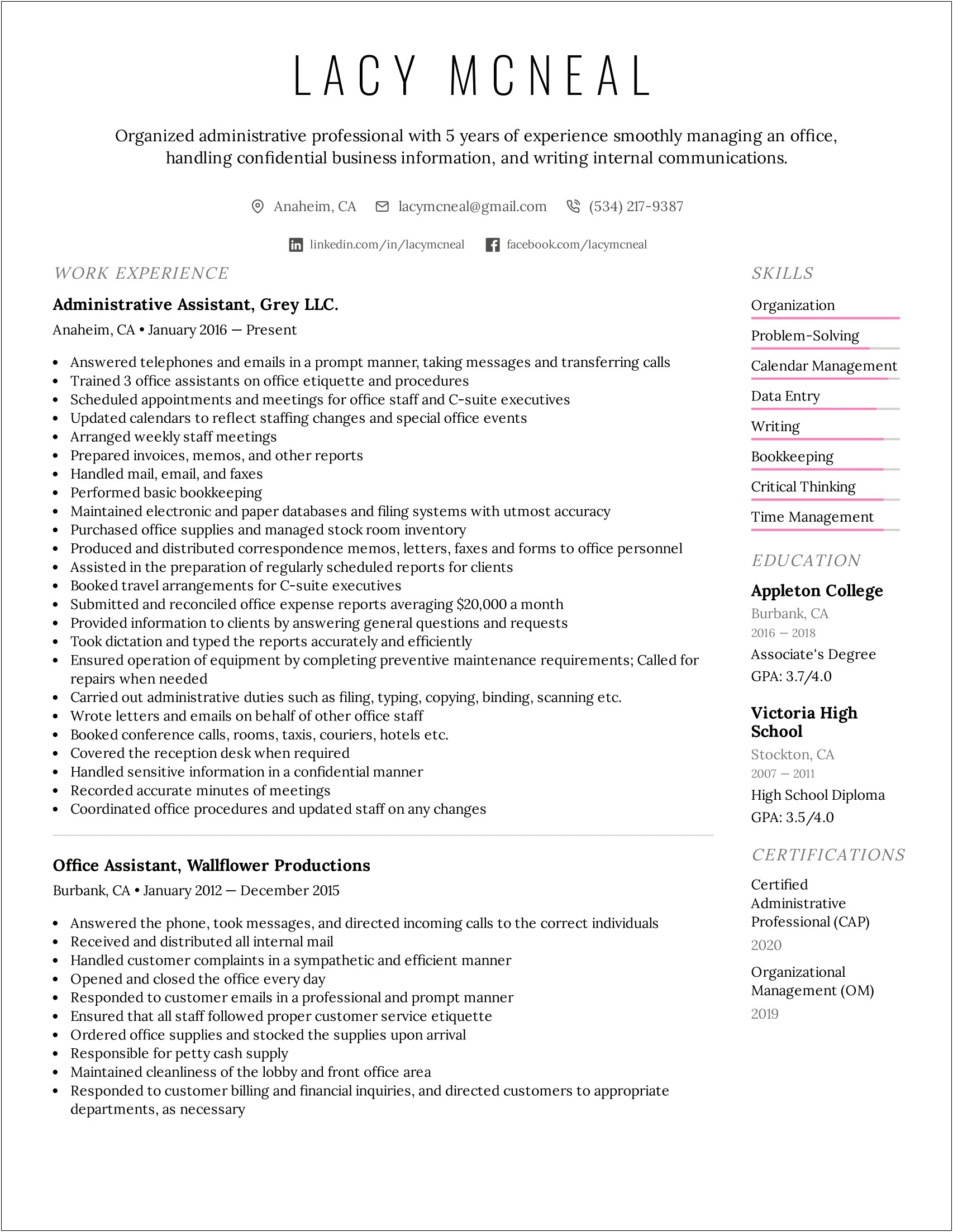 Skill Set Resume For Administrative Assistant