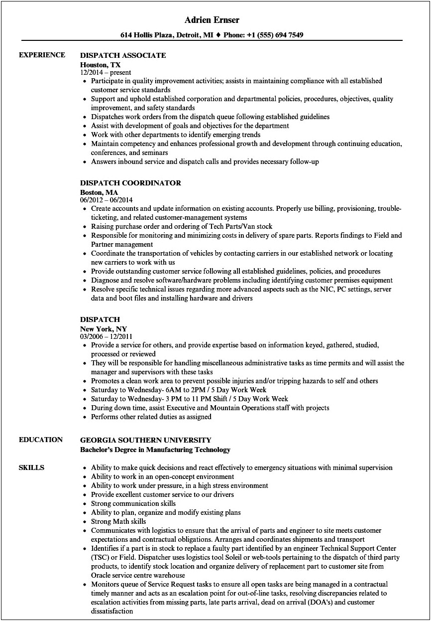 Skills And Abilities For A Dispatcher Resume