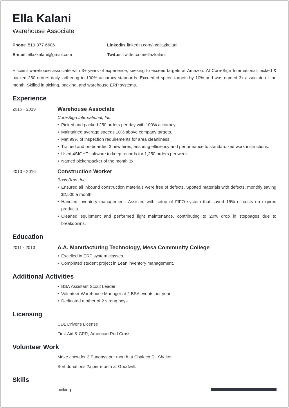 Skills And Abilities For Picking And Packing Resume