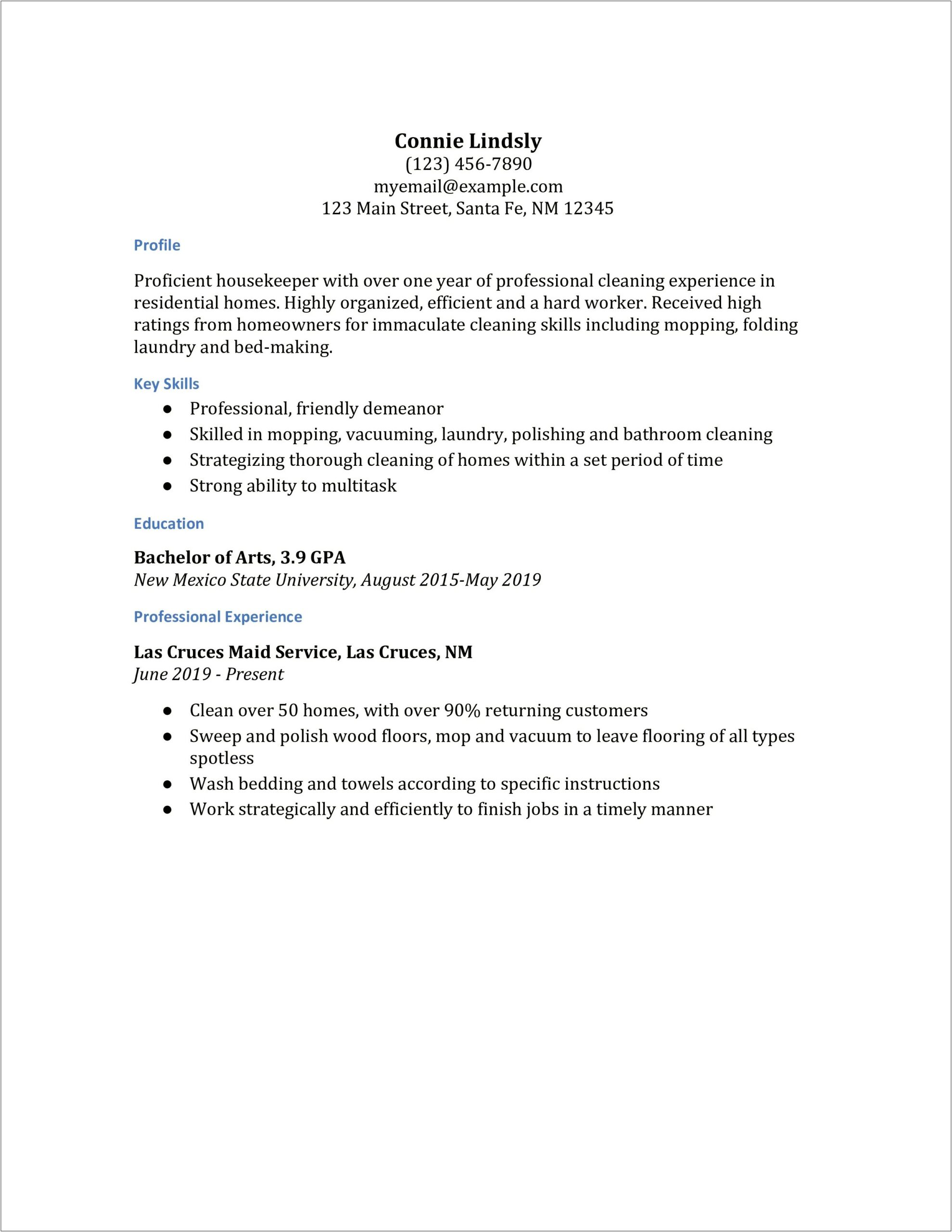 Skills And Abilities For Resume Of Housekeeping