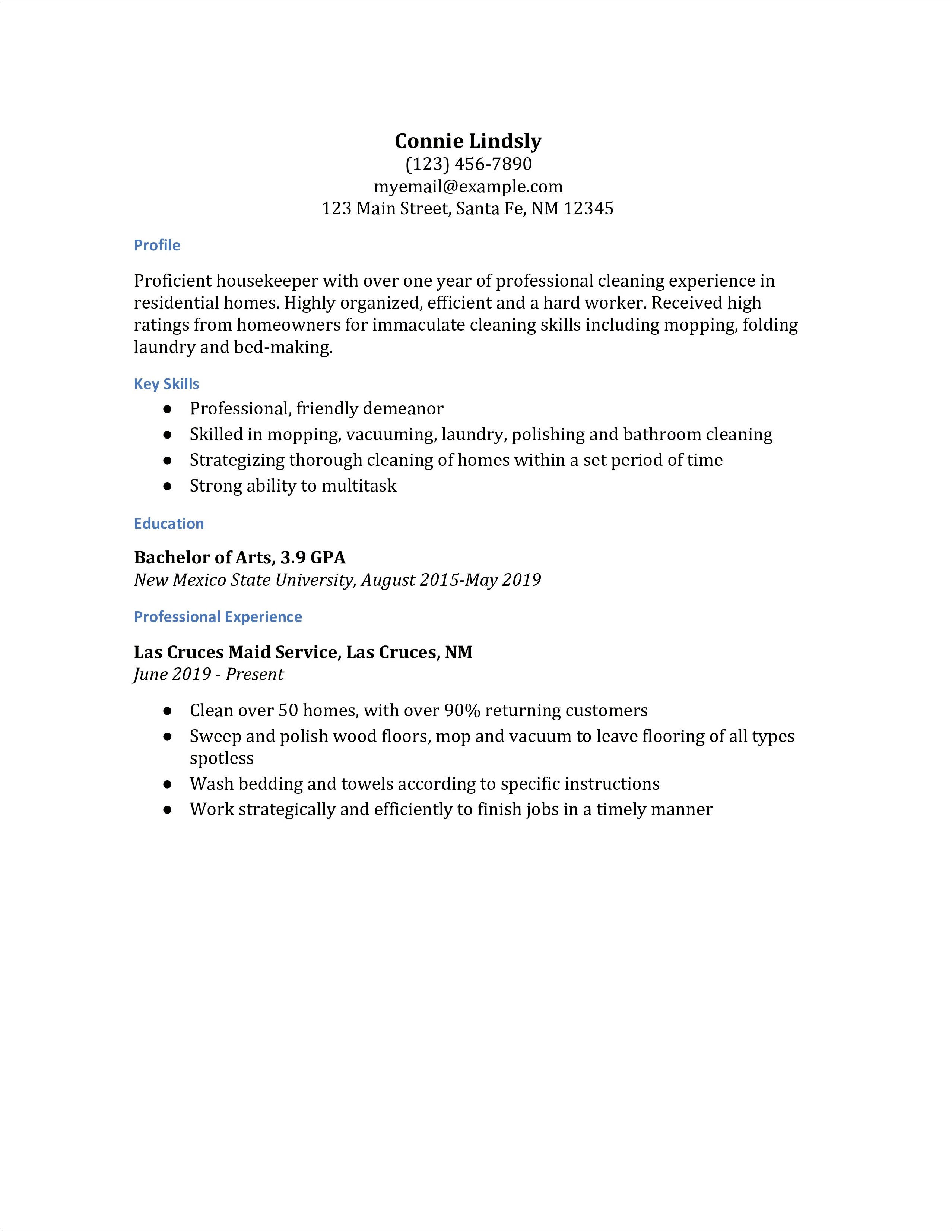 Skills And Abilities For Resume Of Housekeeping