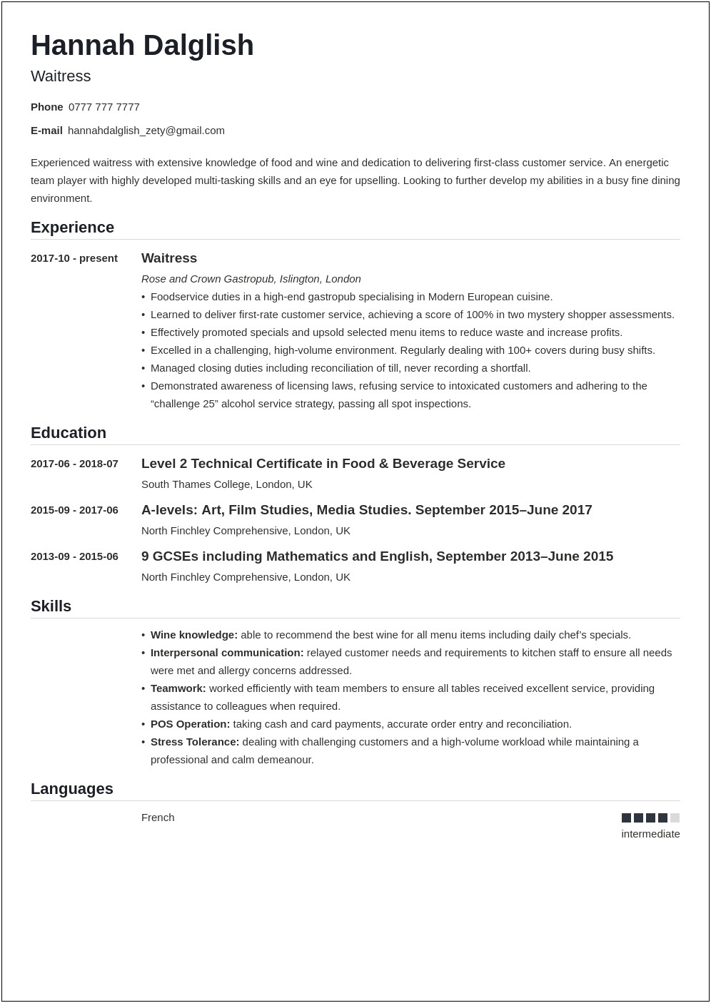 Skills And Abilities For Waitress Resume