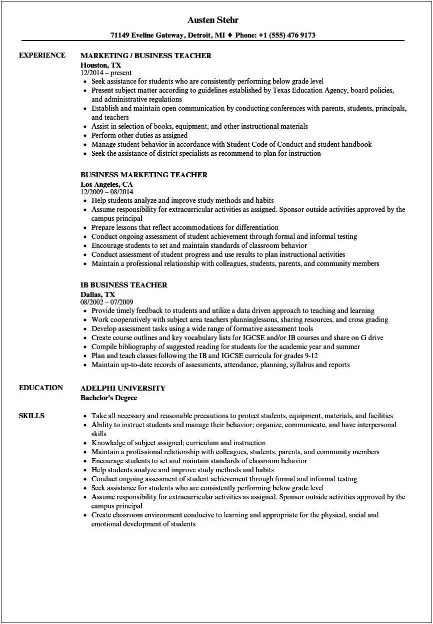 Skills And Abilities In Teaching A Resume