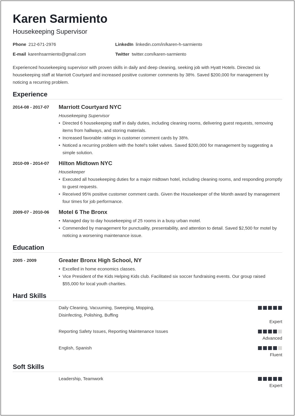 Skills And Abilities Resume For Housekeeping