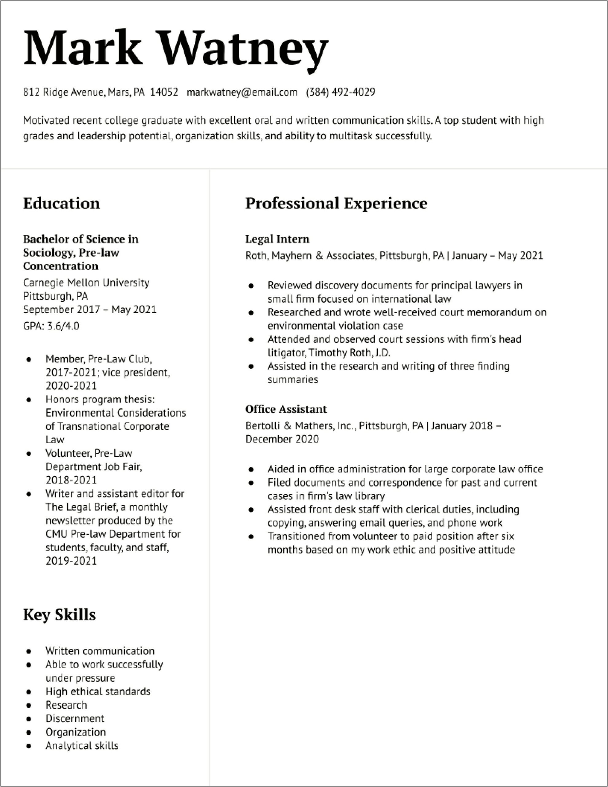 Skills And Interests Law School Resume