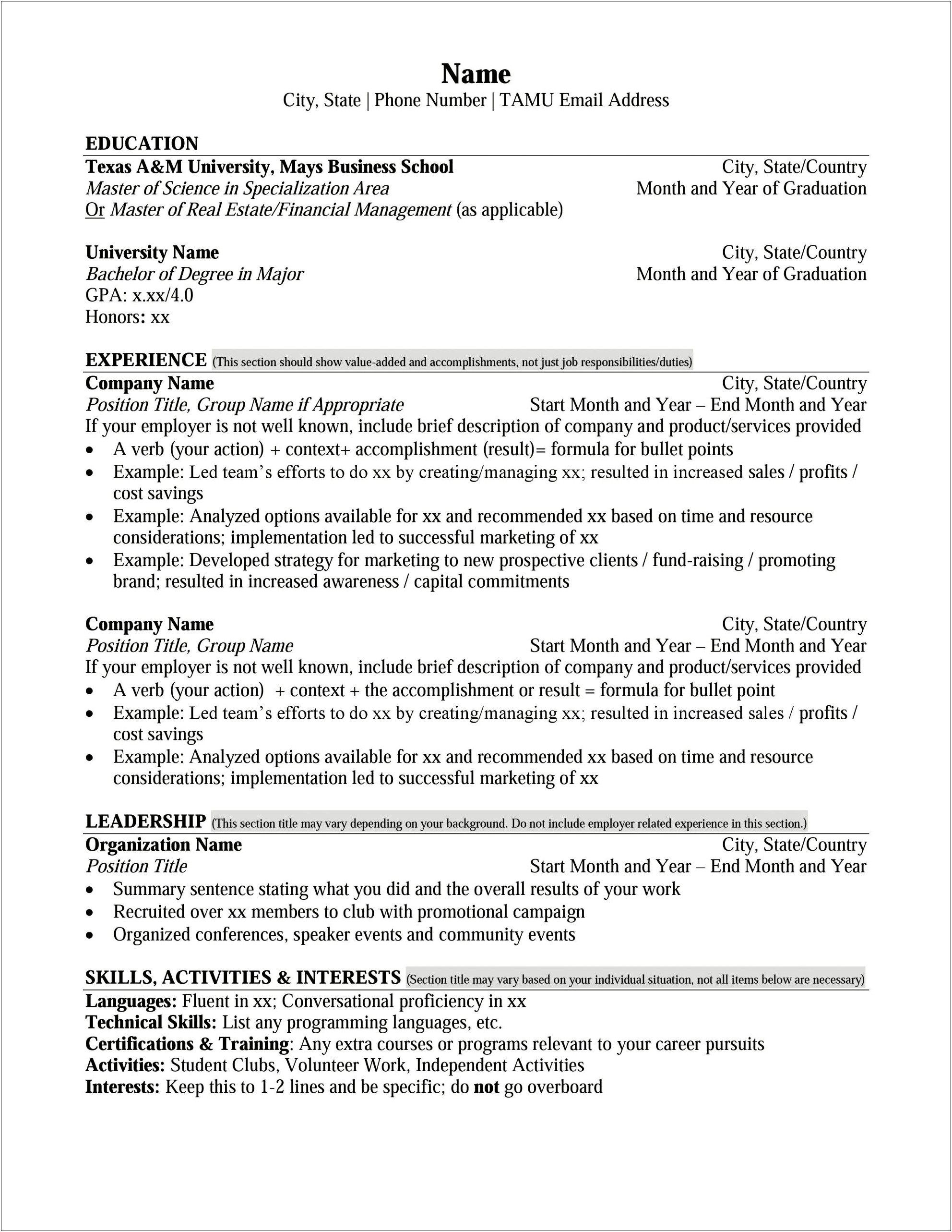 Skills And Interests Portion Of Resume