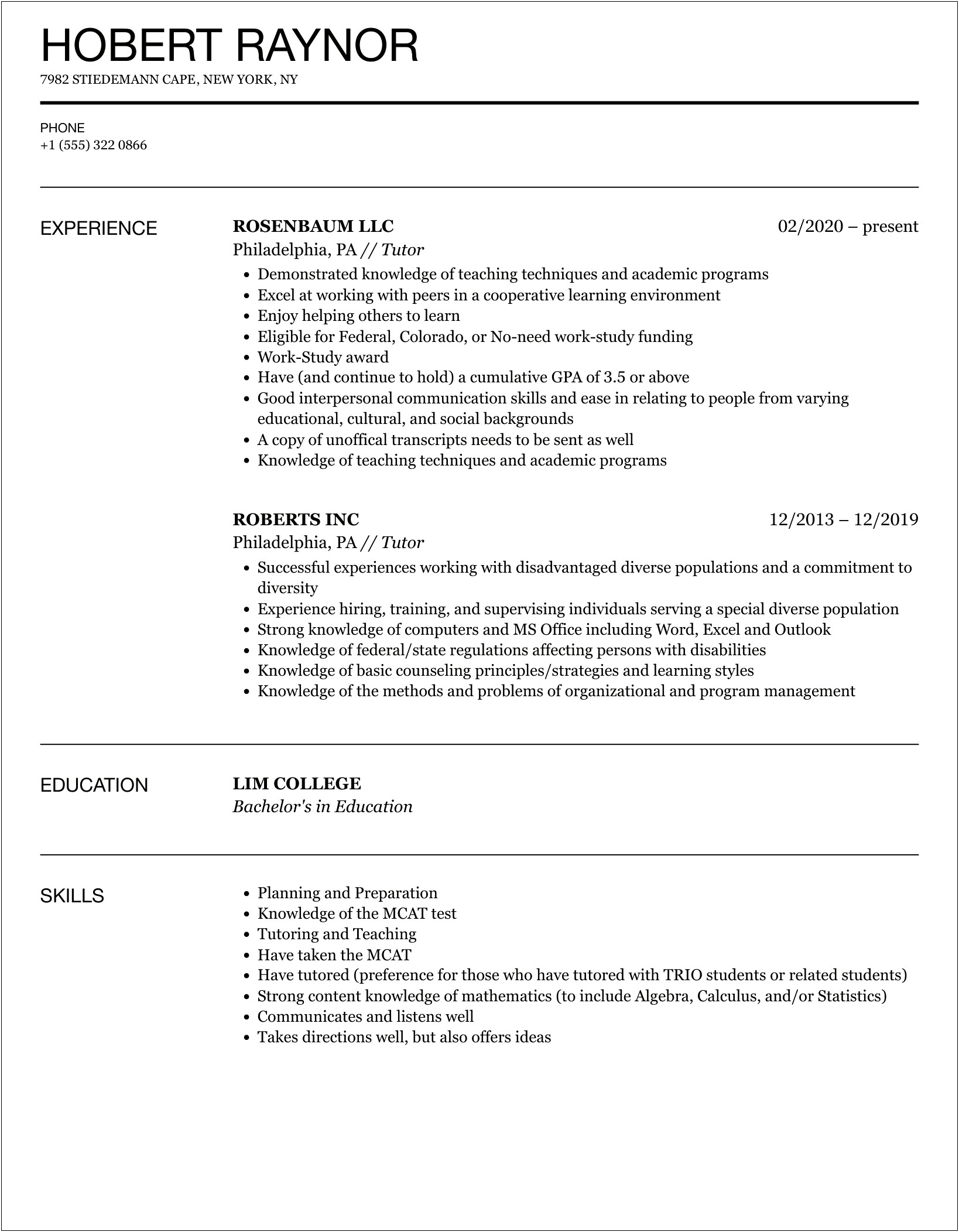 Skills And Qualities Of A Tutor For Resume