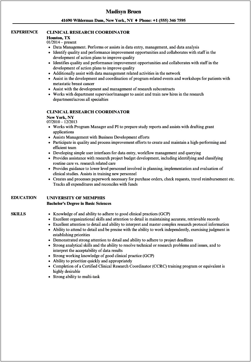Skills Based Resume Clinical Research Coordinator