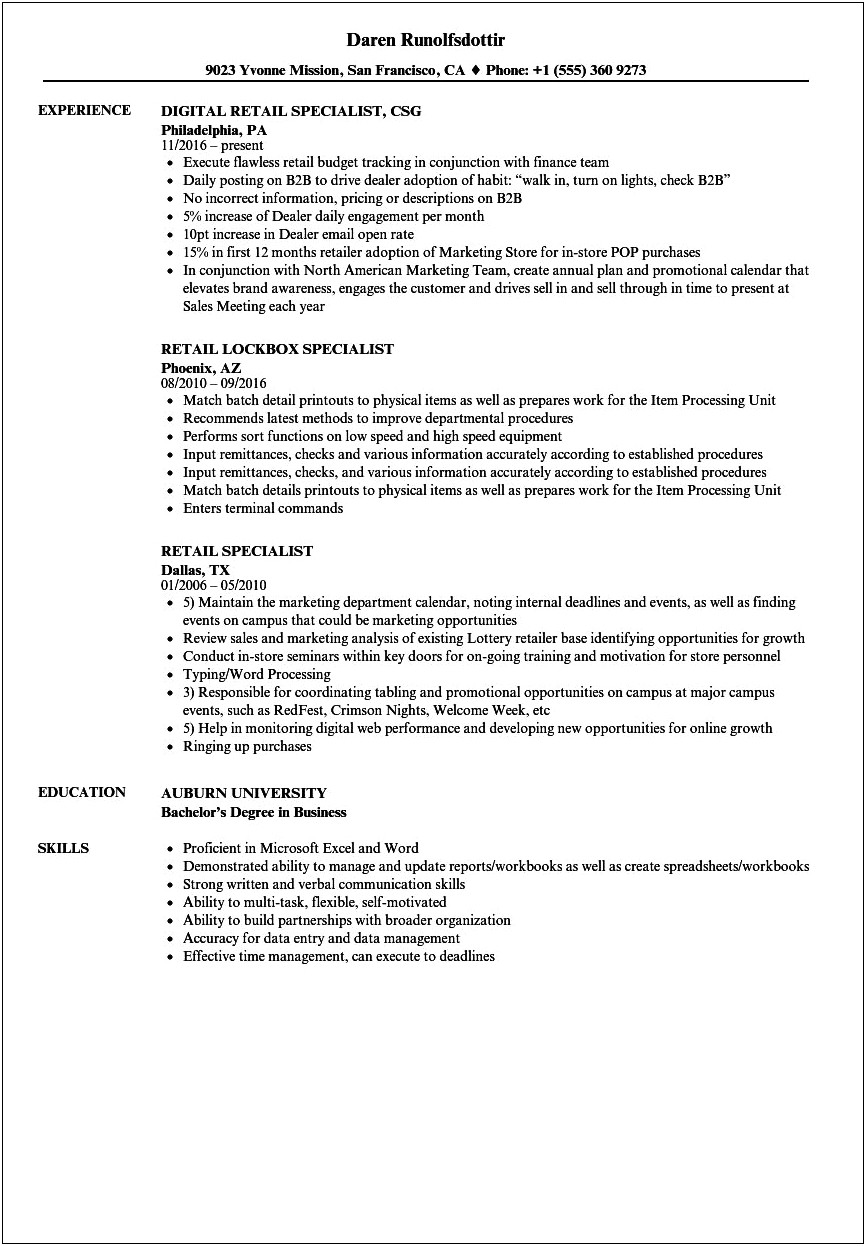 Skills For A Retail Job Resume