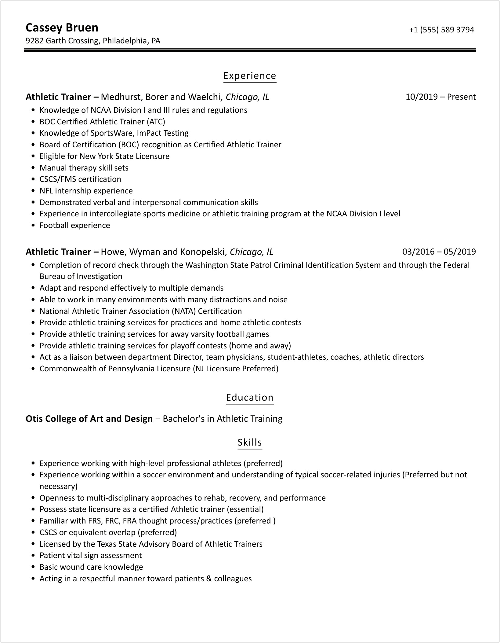 Skills For An Athletic Trainer Resume