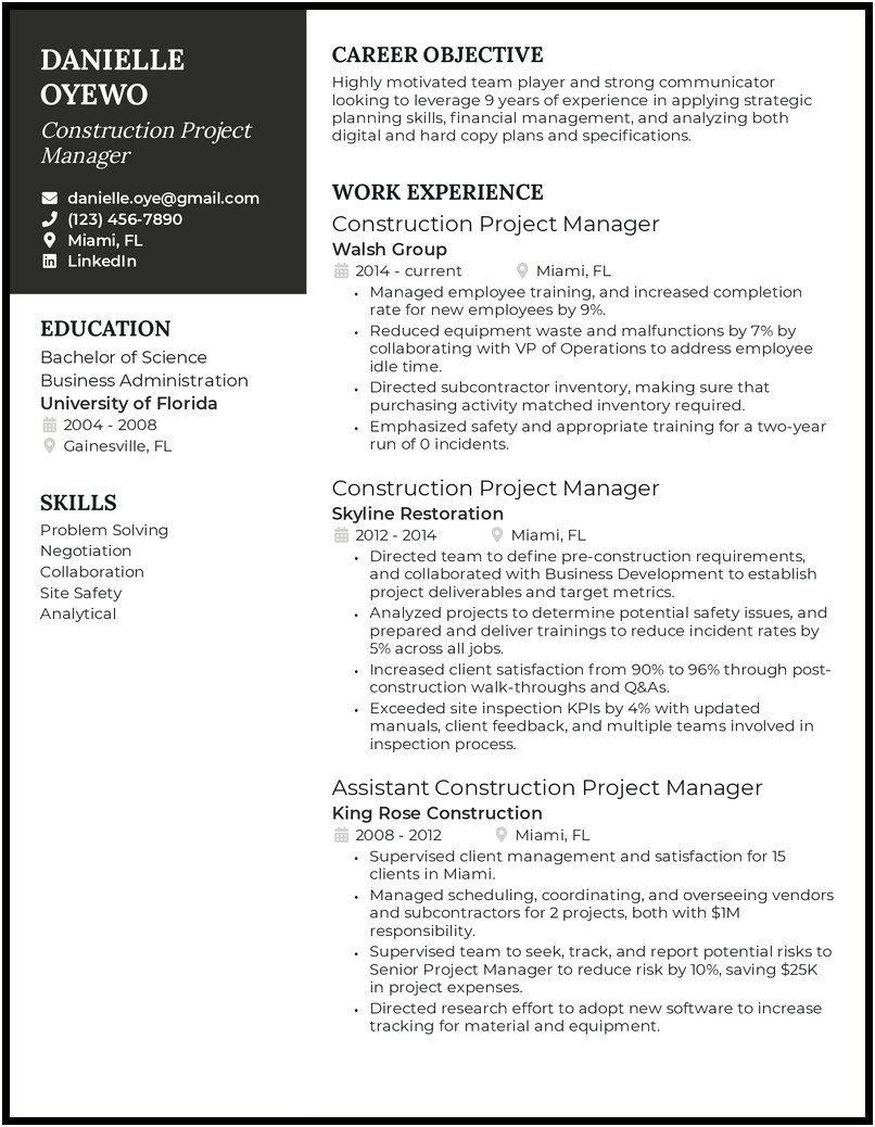 Skills For Construction Project Manager Resume