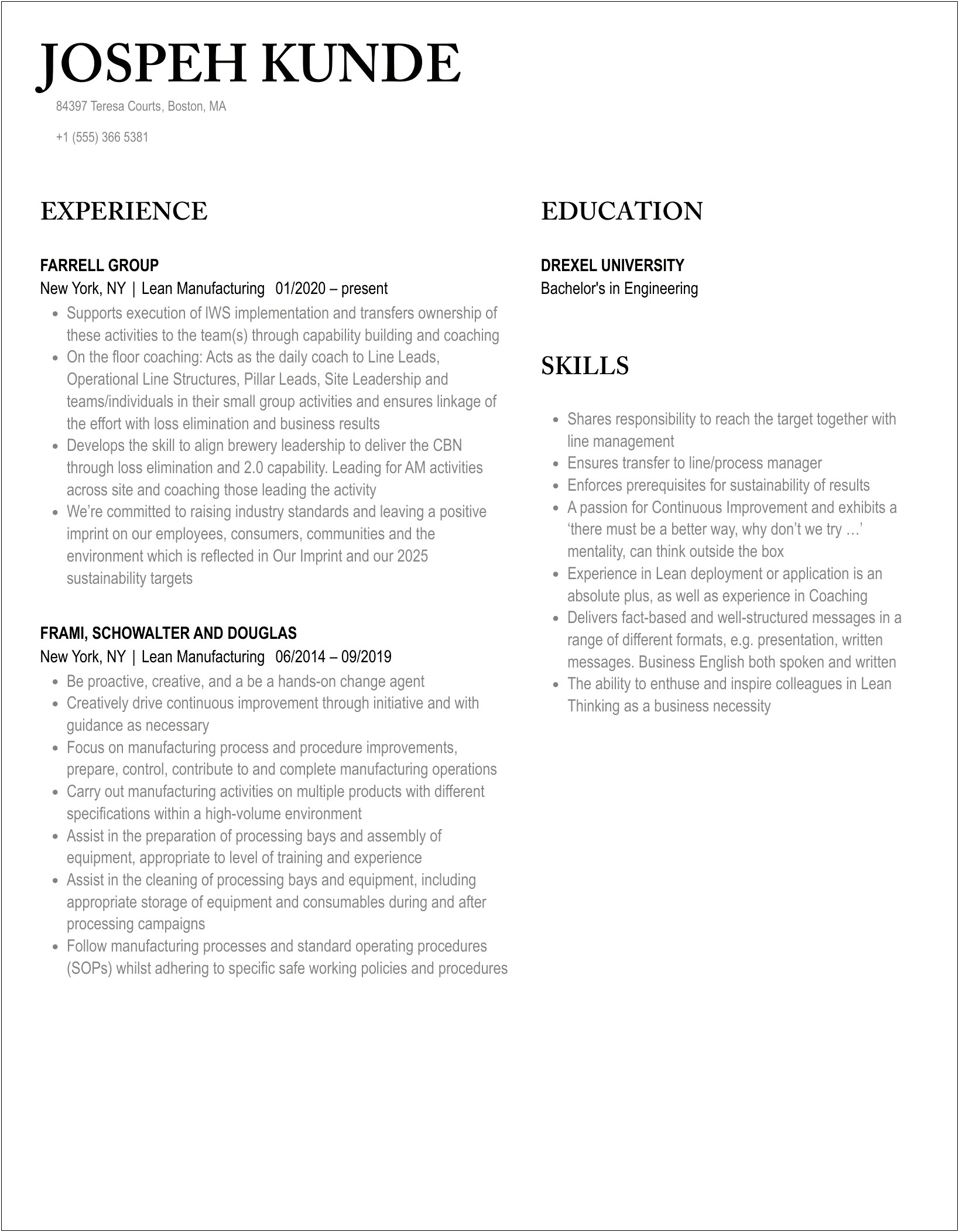 Skills For Lean Manufacturing On Resume