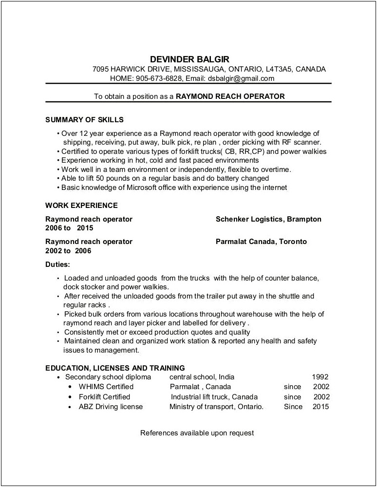 Skills For Reach Truck Operator Resume