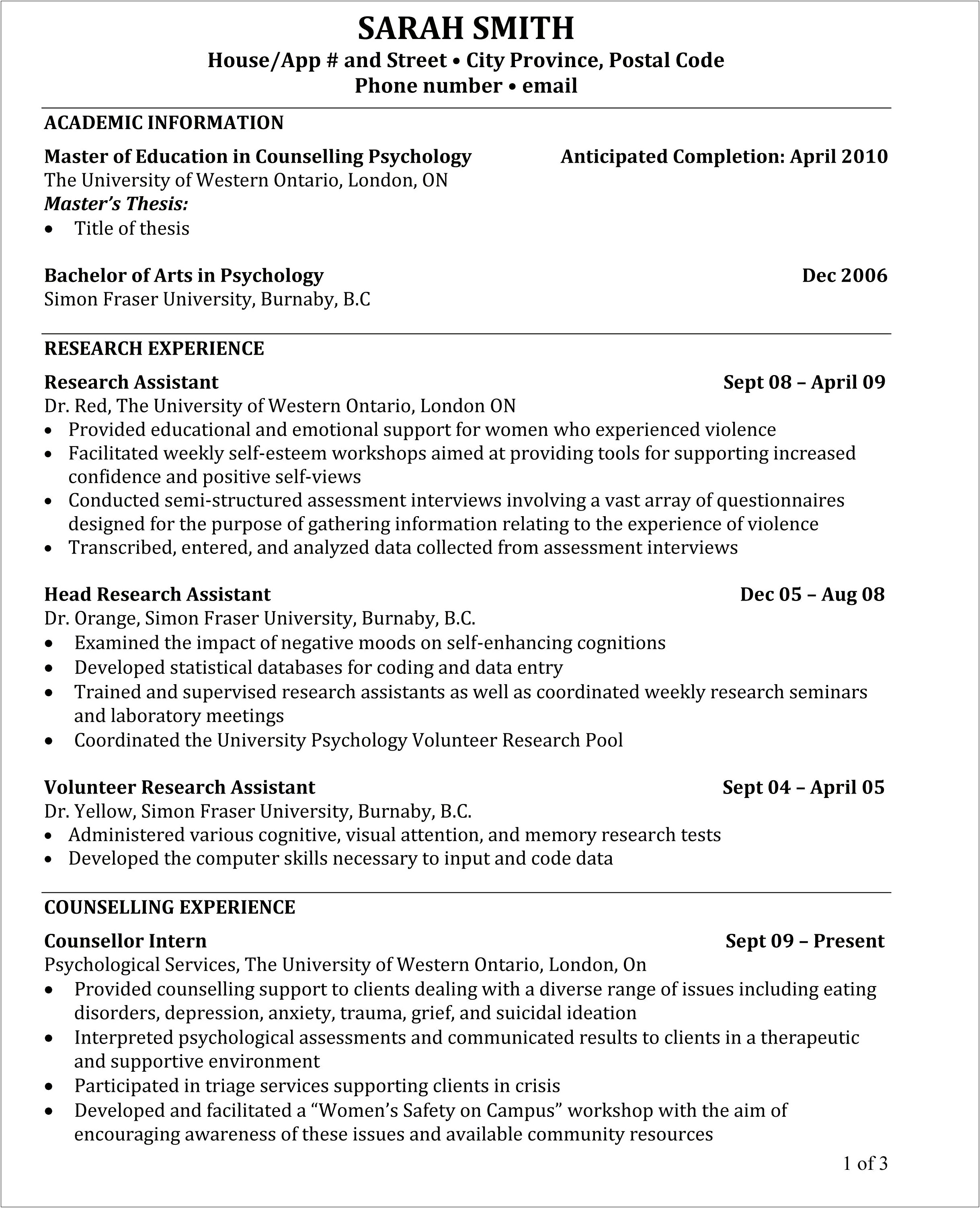 Skills For Resume Entry Level Psychology