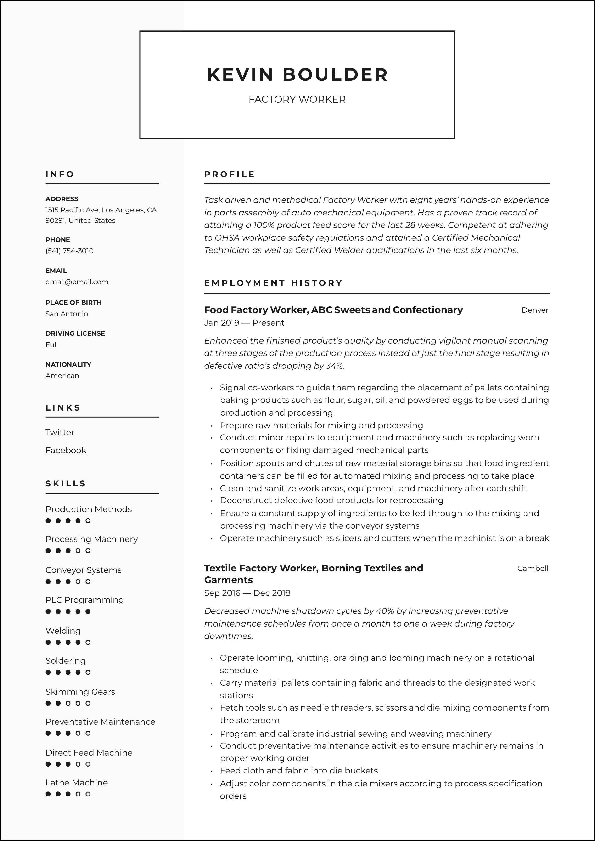 Skills For Resume Factory Worker Resume