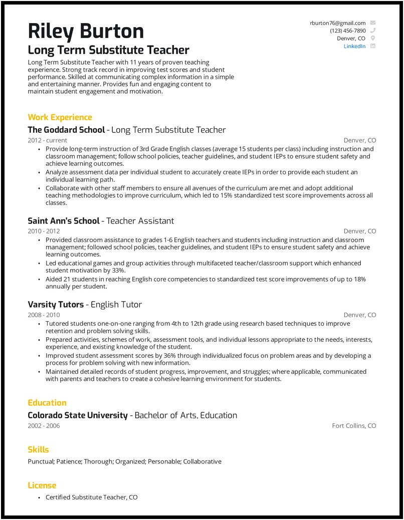 Skills For Resume For Substitute Teacher