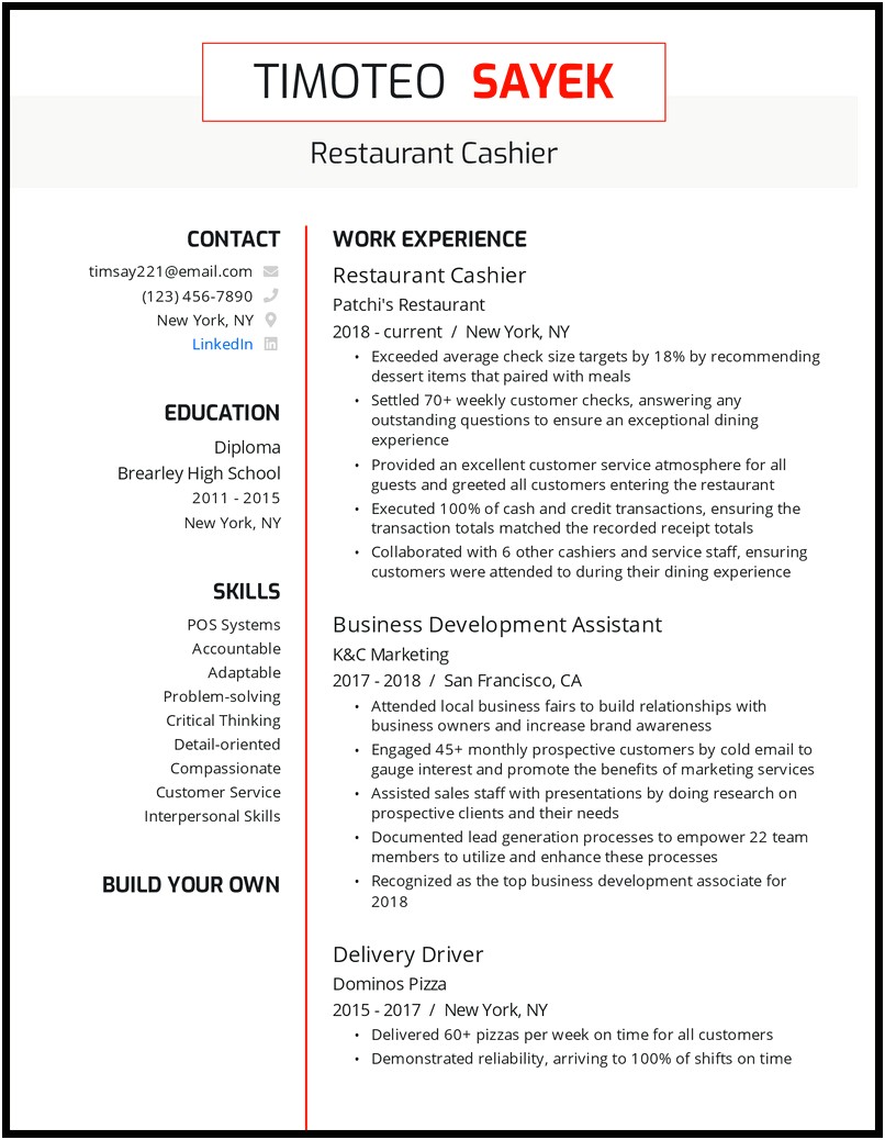 Skills For Waiter Resume For Cashier Job