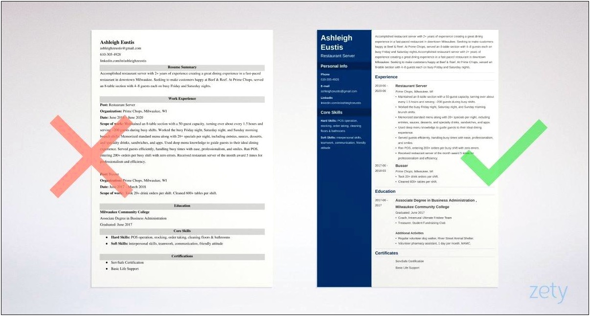 Skills Gained From Being A Server For Resume