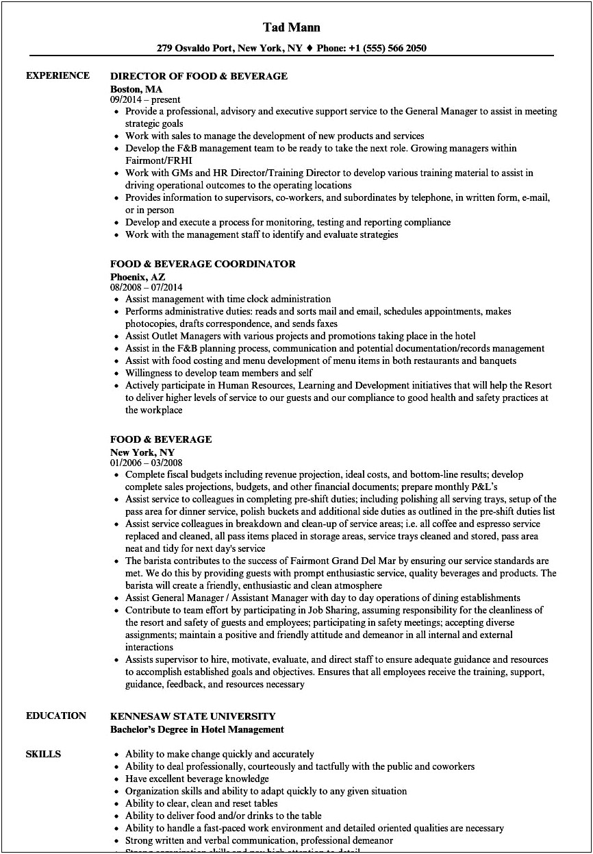 Skills In Resume Food And Beverage