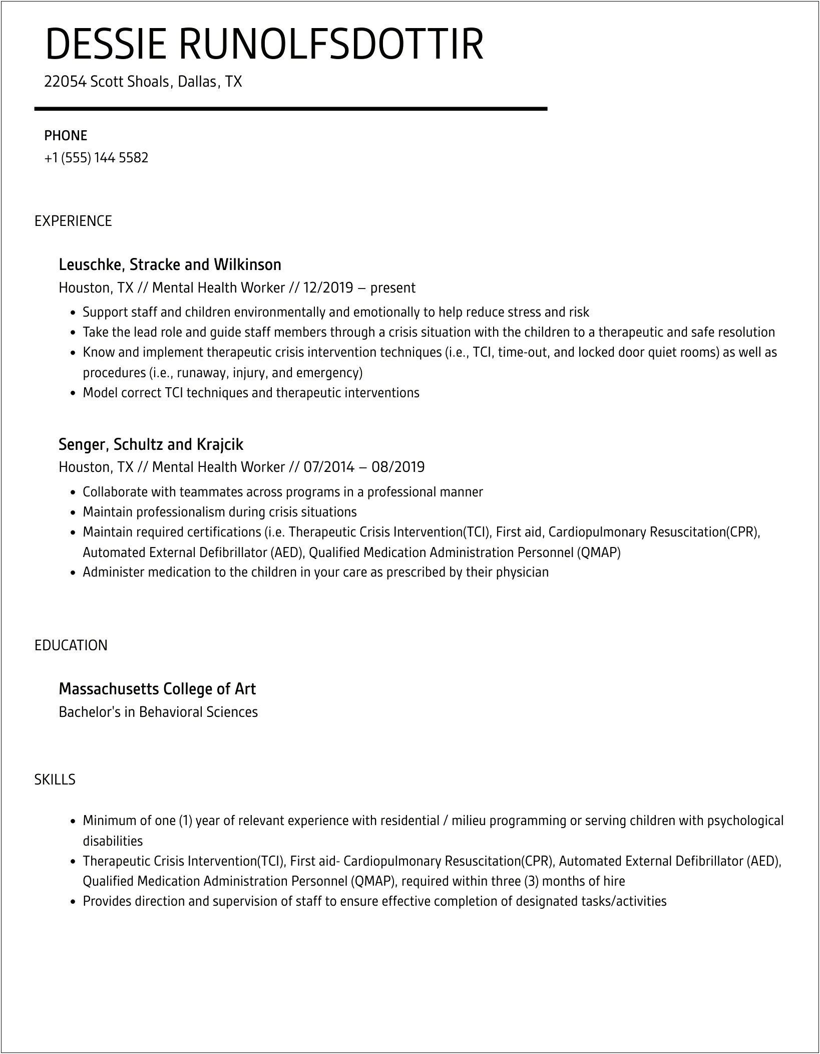 Skills Involving Children Mental Health Resume