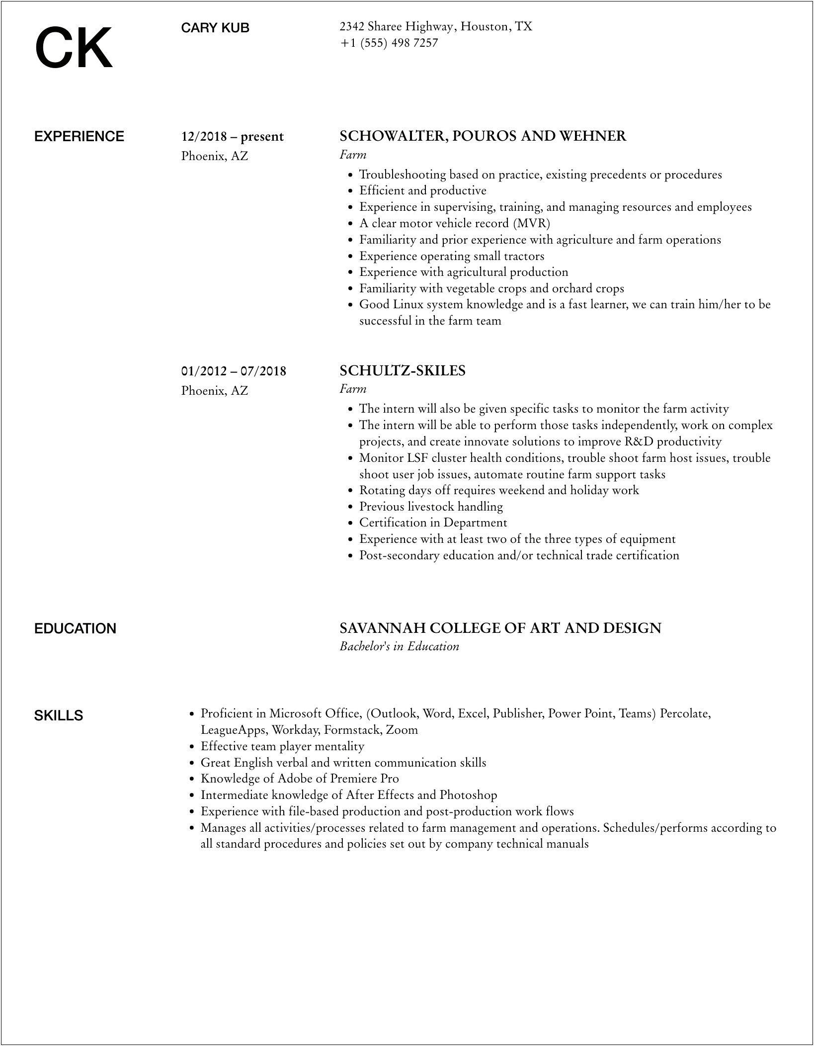 Skills Learnt As A Farm Hand Resume Ideas