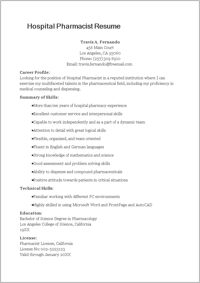 Skills Listed For A Pharmacist On A Resume