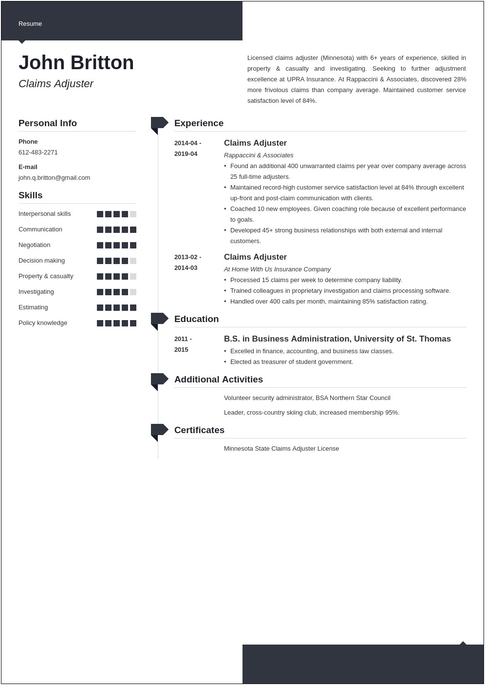 Skills Needed For Claims Adjuster Resume