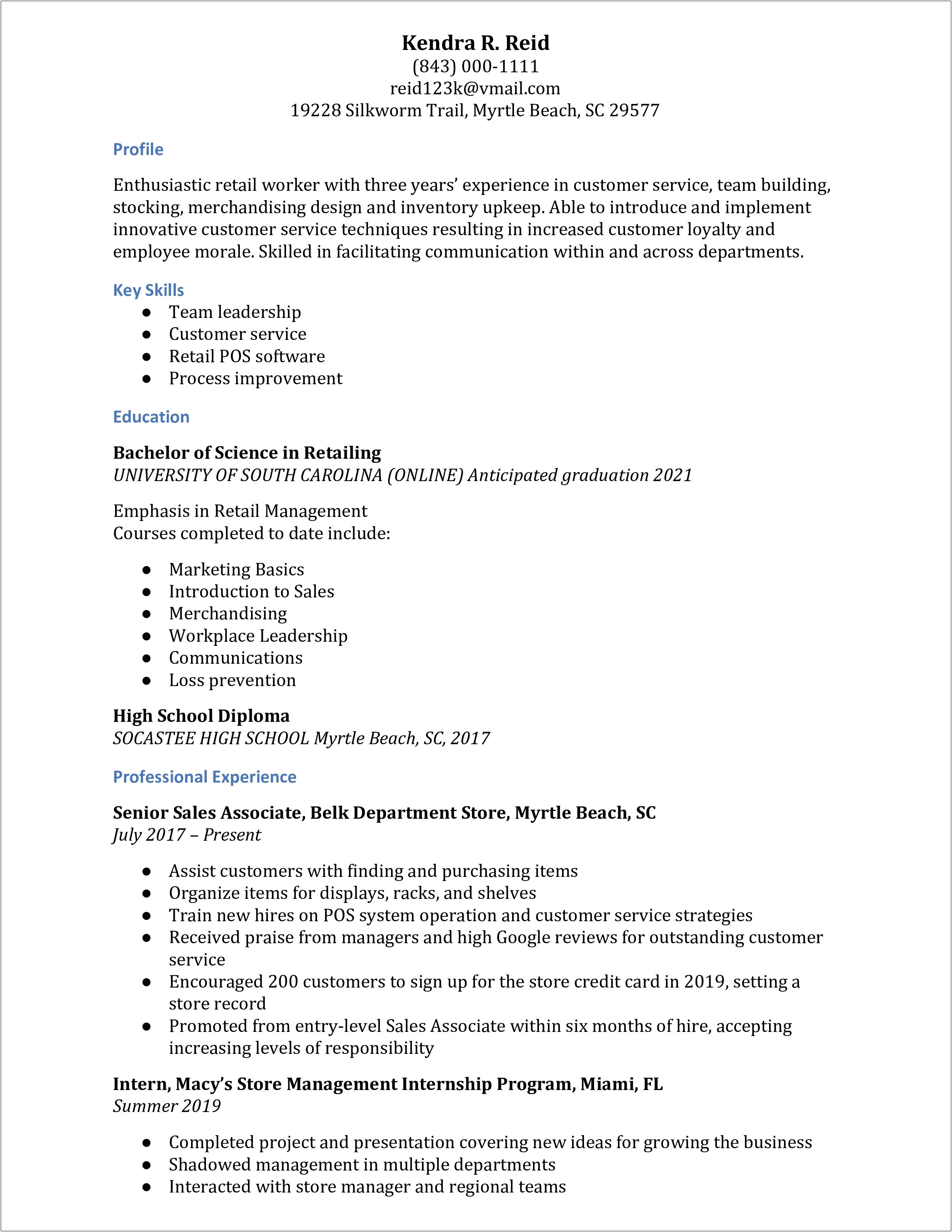 Skills Of A Retail Manager For A Resume