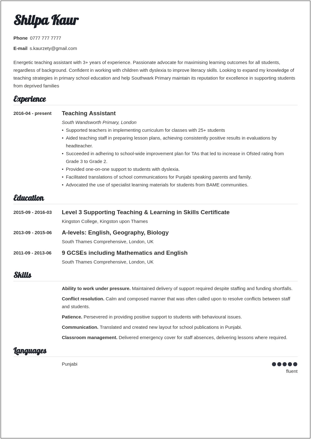 Skills Of A Teacher Assistant Resume