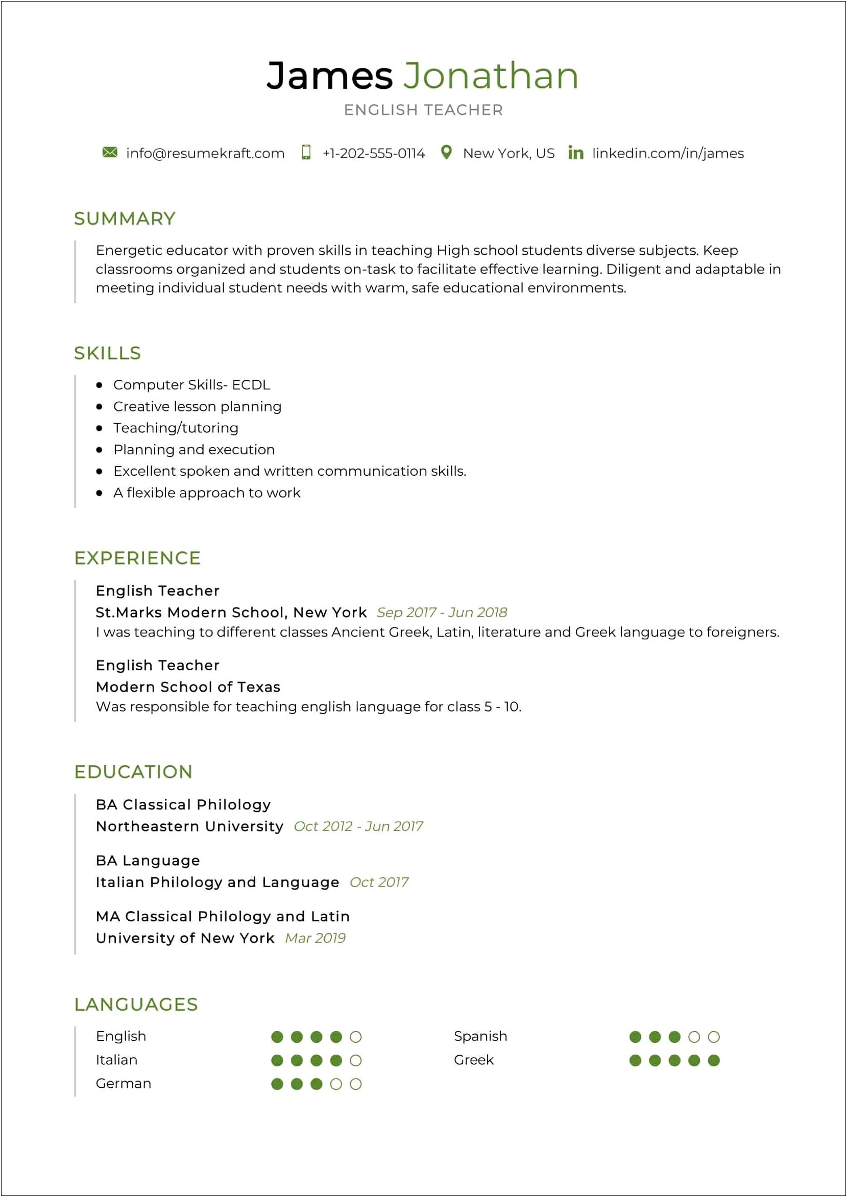 Skills Of An English Teacher Resume