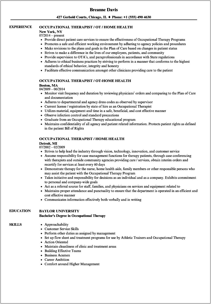 Skills Of An Occupational Therapist Resume