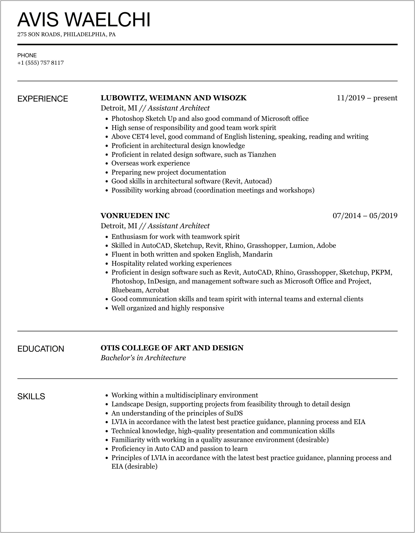 Skills Of Assistant Architect On A Resume