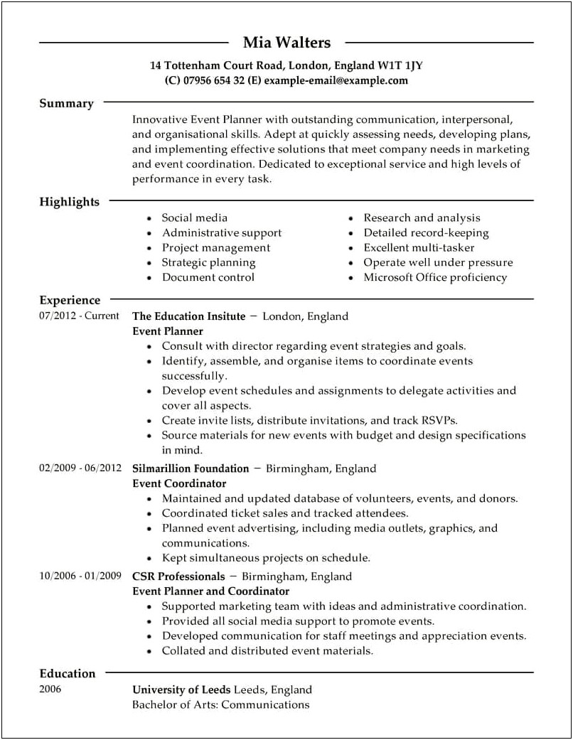 Skills On Resume For Event Cordinator Position