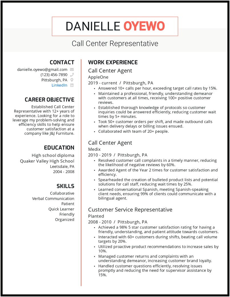 Skills Section Of Resume Call Center