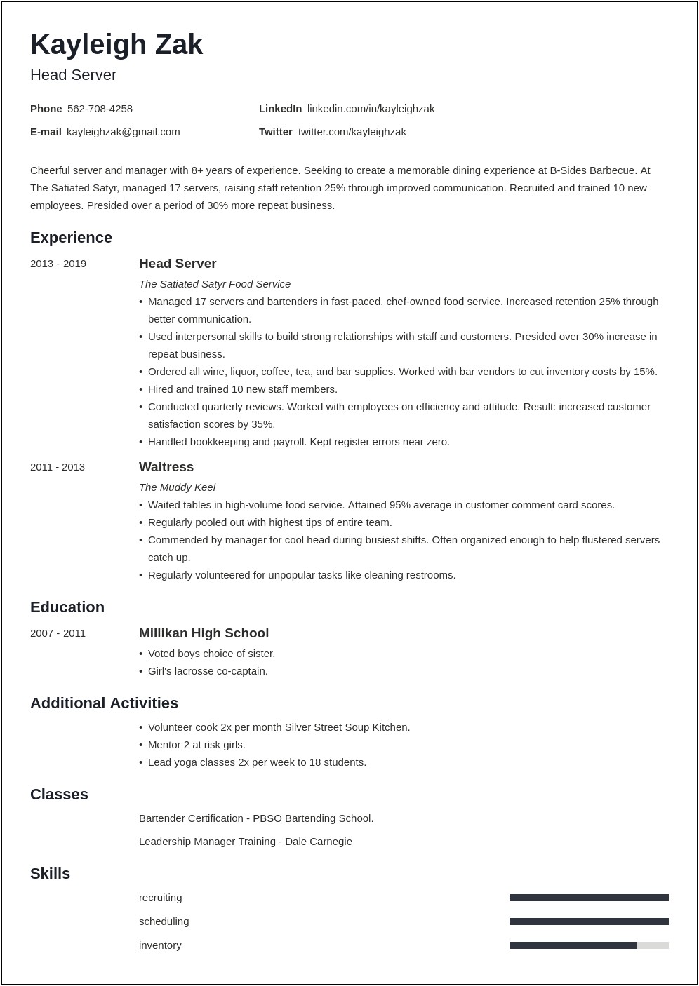 Skills Section Of Resume Food Service