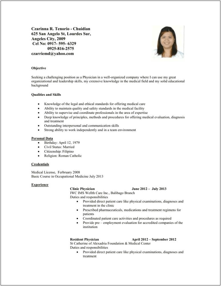 Skills Section Of Resume For Physician