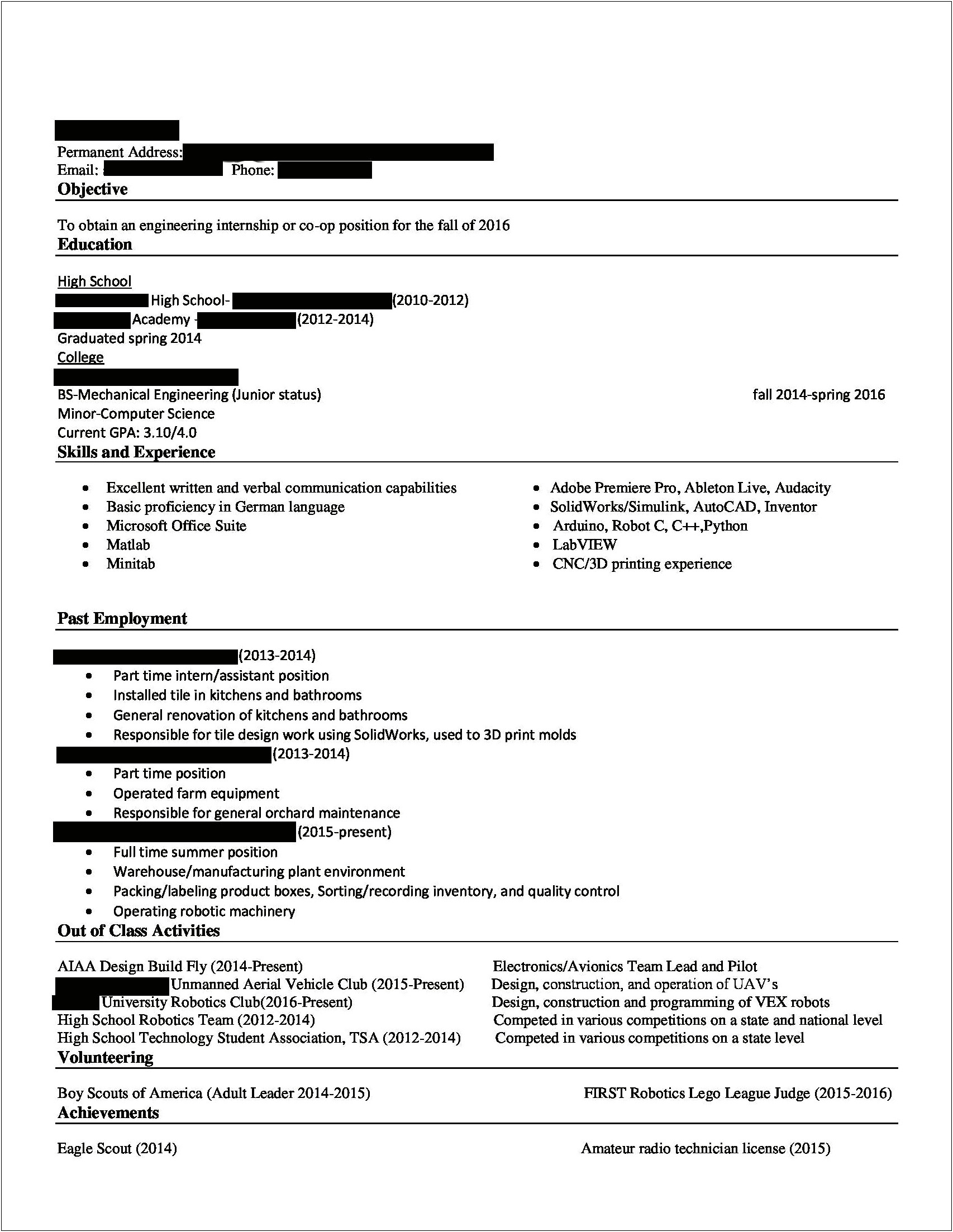 Skills Section Of Resume Mechanical Aenginer