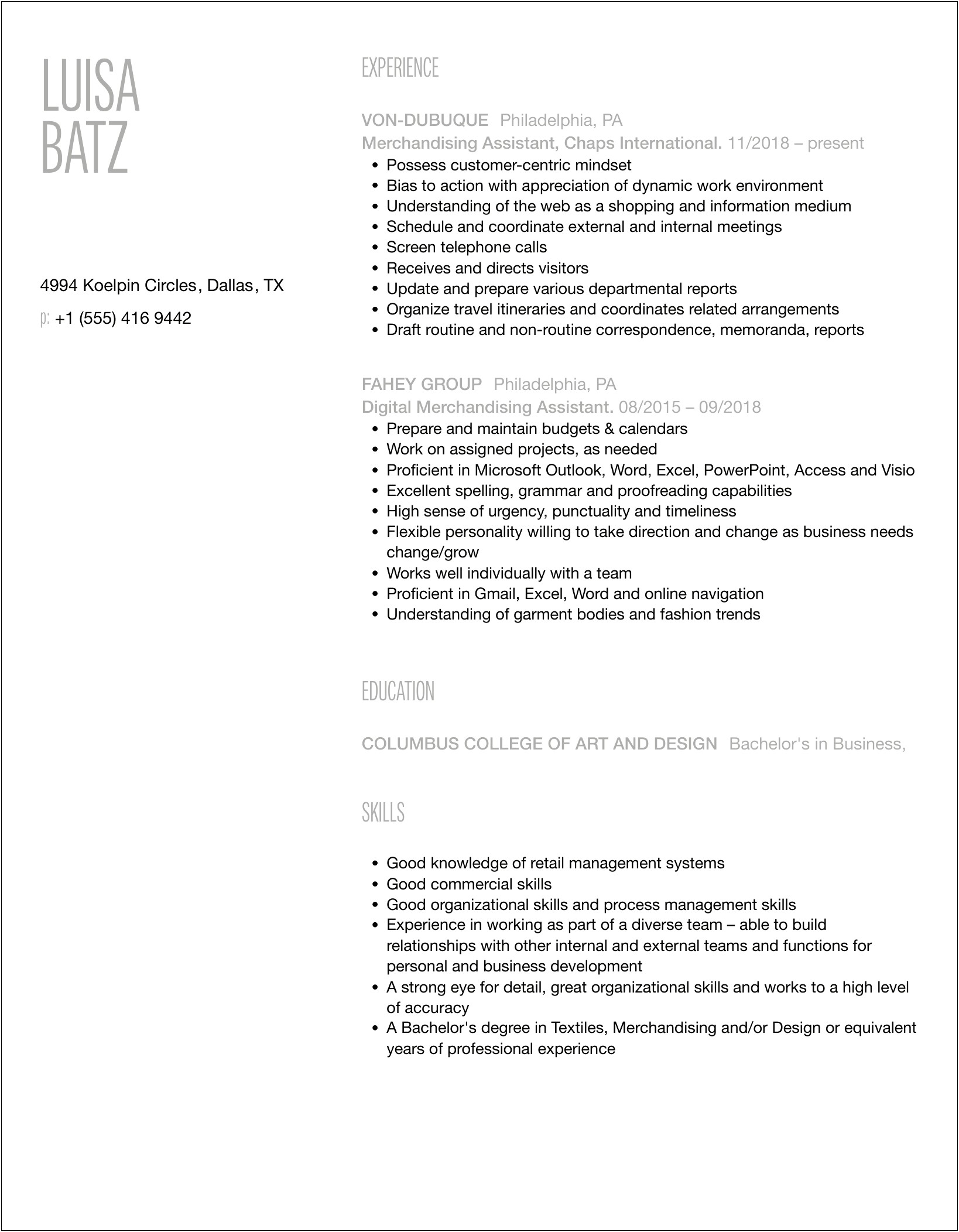 Skills Set For A Merchandise Assistant Resumes Corporate