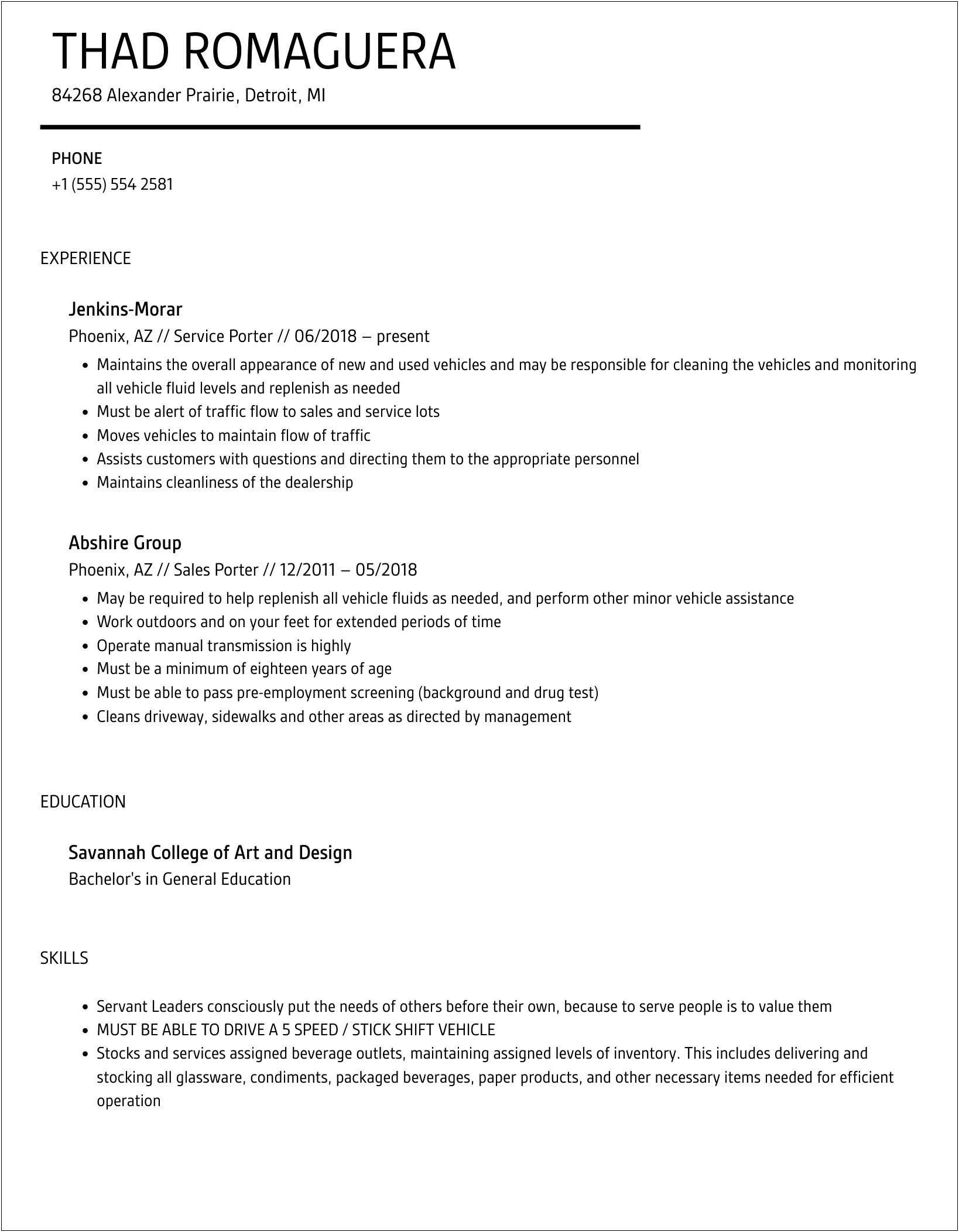 Skills Summary As A Porter For A Resume